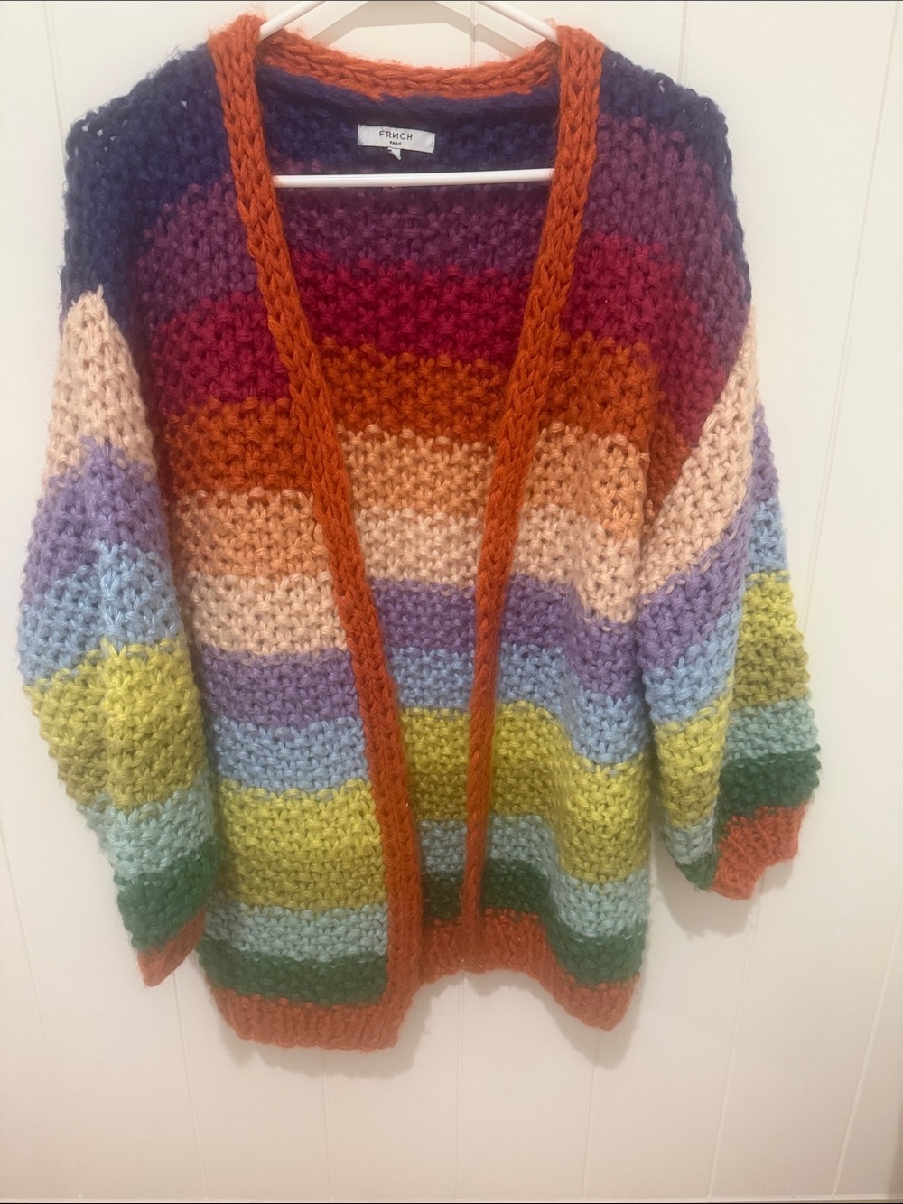 Frenchi Striped Chunky Open Cardigan in Purple, Red, Orange, Cream & Green